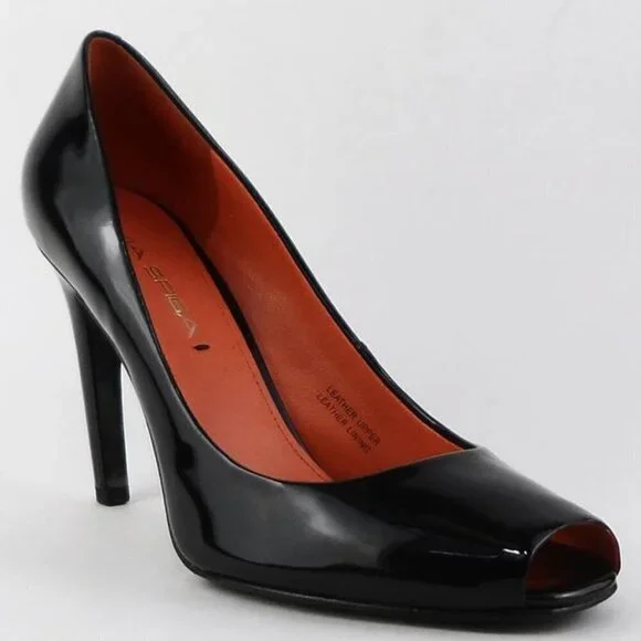 Via Spiga Black Frankie Patent Peep Toe Pumps 6M - Picture 2 of 12